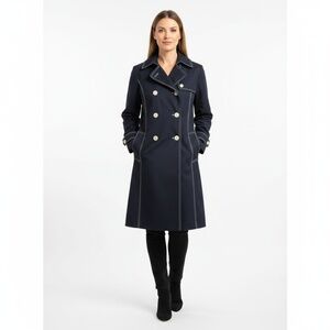 London Fog Trench Coat Women's Size 11/12 Navy Blue w/ White Stitching Vintage!